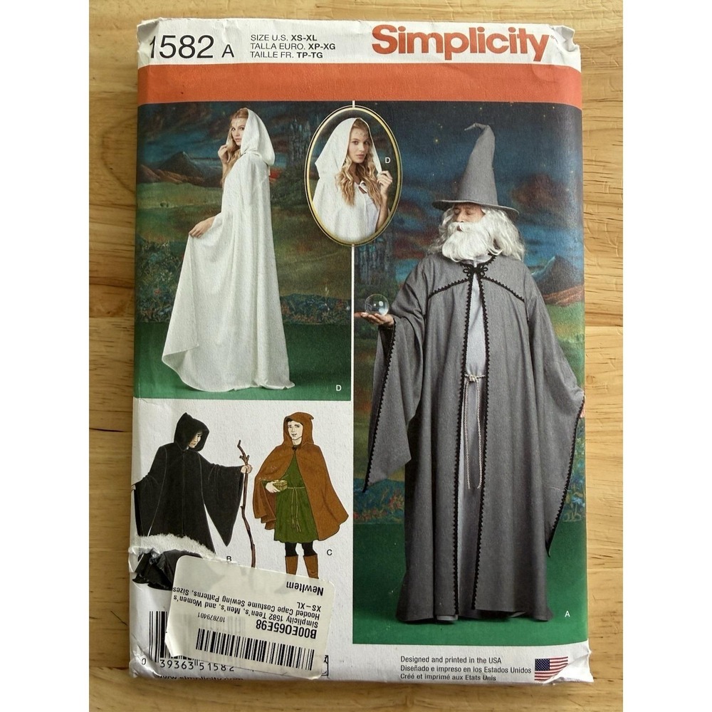 Simplicity Pattern 1582 Misses',‎ Men's and Teen Cape, Tunic, Hat Costume XS-XL
